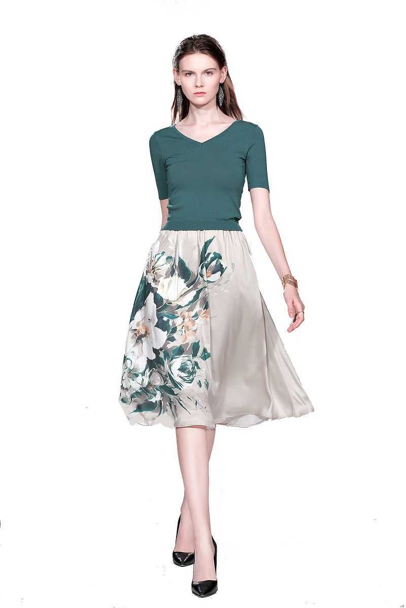 

Women Summer Designer Elegant Retro Two Piece Set Female V Neck Short Sleeve Knitting Top + Print A-Line Skirt Sexy Slim Set 210525, Green