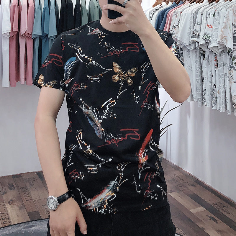 

2021 summer menswear Korean round neck loose geometric pattern casual youth cotton print black t-shirt men
