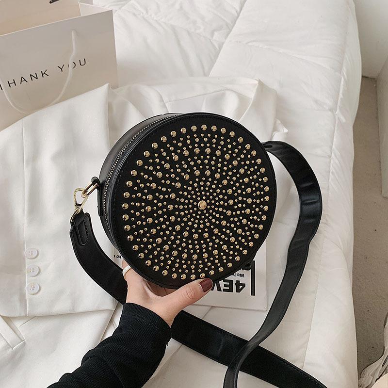 

Evening Bags Fashion Rivet Crossbody For Women Retro Circular Shoulder Bag Leather Purses And Handbags Luxury Designer Sac A Main 2021, Black