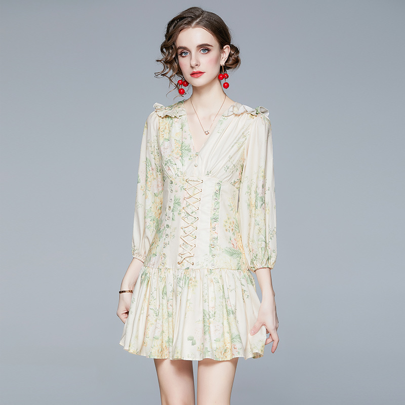 

Women Spring Designer Elegant Sexy Ruffles Floral Print Dress Female Vintage Court Bind V Neck Mini Dresses Vestidos 210525, Light yellow