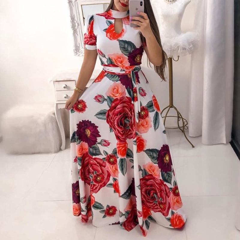 

Plus Size 4XL 5XL Summer Short Sleeve Long Dress Elegant Lady Dress Fashion Sundress O-Neck Sashes Floor-Length Women Clothing, Black;gray