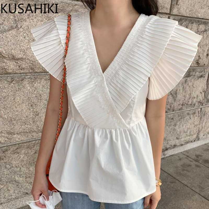 

KUSAHIKI Korean Chic Elegant Slim Waist Blouse Shirt Pleated Ruffle Patchwork Women Tops Summer Sweet Blusas 6J174 210602, White