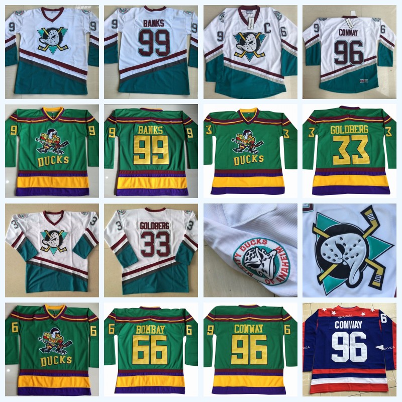 

96 Charlie Conway The Mighty Ducks Moive Hockey Jersey 33 Greg Goldberg 99 Adam Banks 66 Gordon Bombay 44 Reed INSTOCK Double Stitched Name and Number, 44 green