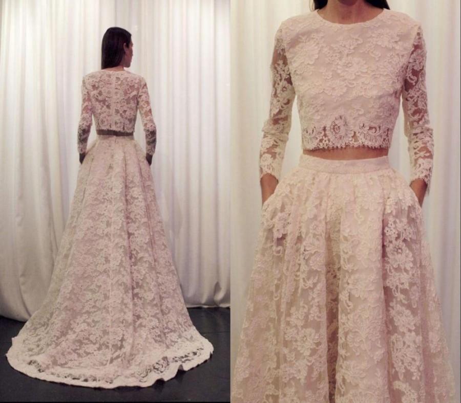 

2021 New Luxury 2 Piece Lace Wedding Es Sexy Long Sleeve Ivory Robe Mariage a Line Floor Length Bridal Gowns Vestidos De Noiva S5j6, White