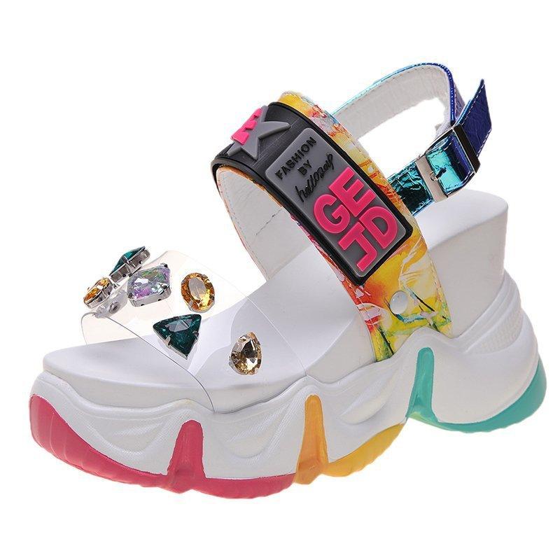 

2021 New Women Summer Wedge Sandals Transparent PVC Crystal Chunky Platform Shoes Woman Rainbow Thick Bottom Sandalias, White