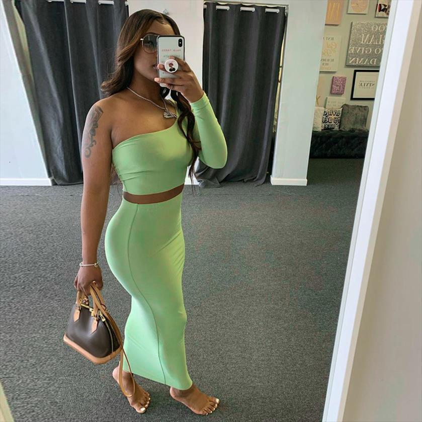 

one shoulder sleeve off women tracksuits crop skirt two piece set bodycon skinny matching outfits party streetwear, Gray