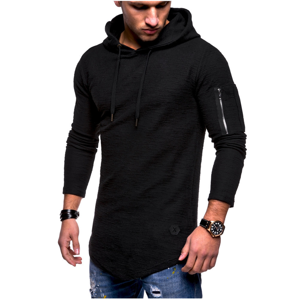 

2021 Fashion Ny Casual Male Bodybuliding Hood t Shirt Long Solid Sleeve Hip Hop Zipper Tshirt with Phone Pocket Zp2b, Game