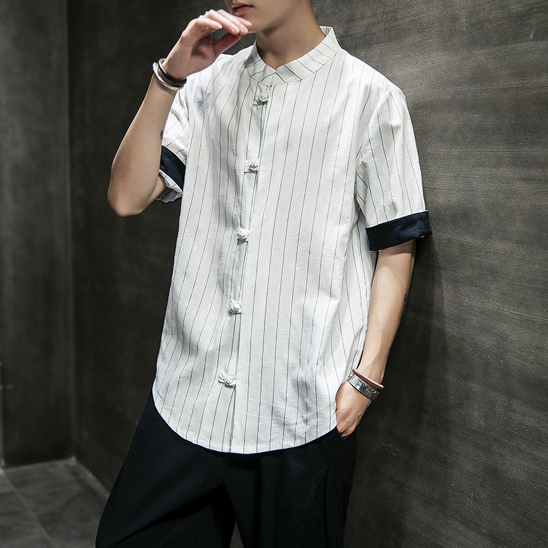 

2021 New Chinese Style Men's Fashion Young Short-sleeved Striped Printing Linen Fabric Clothes Shirt Large Size M-5xl Rhxi, White