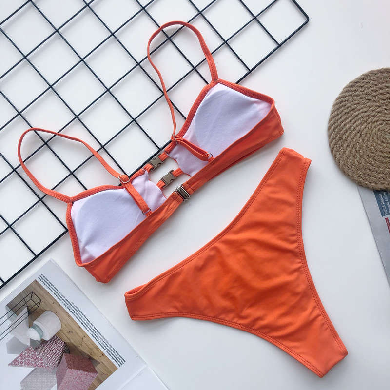 

Orange Thong Bikini Set Designer Luxury Low Waist Swimsuit Push Up Swimwear Hollow Out Buckle Bikinis Two Piece Bathing Suit, White;black