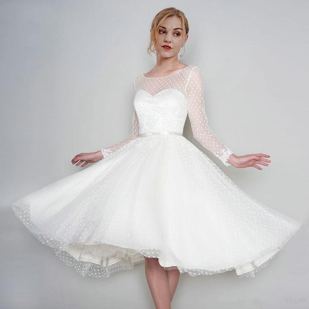 

2021 New Knee Length Lace Es Long Sleeves Princess Jewel Sheer Neck Wedding Bridal Gowns Vestidos De Noiva Mchl, Black