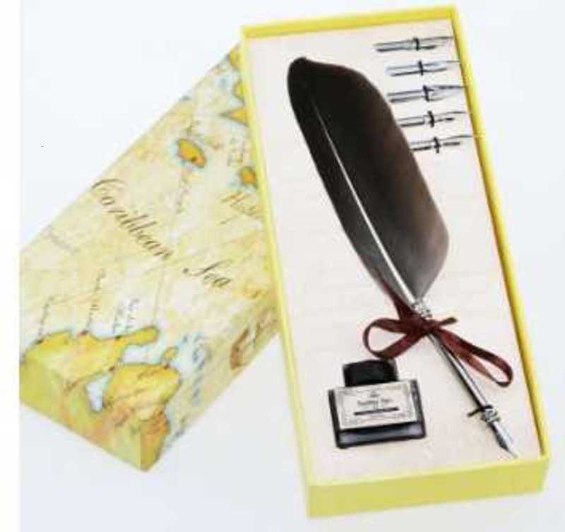 

dip wholale-excellent feather antique writing ink set stationery box with 5 nib wedding gift quill fountain pen