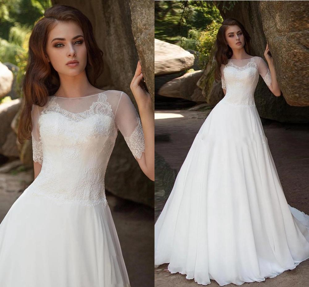

2021 New Chiffon a Line Es Vestido De Noiva Short Sleeves o Neck Lace Appliques Zipper Bridal Wedding Gown Court Train Bkos, White