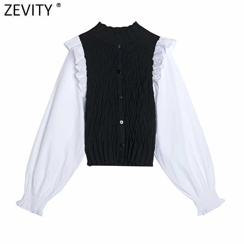 

Zevity Women Vintage Puff Sleeve Patchwork Short Slim Knitting Shirt Femme Ruffles Elastic Kimono Blouse Roupas Chic Tops LS9069 210603, Fh ls9069b
