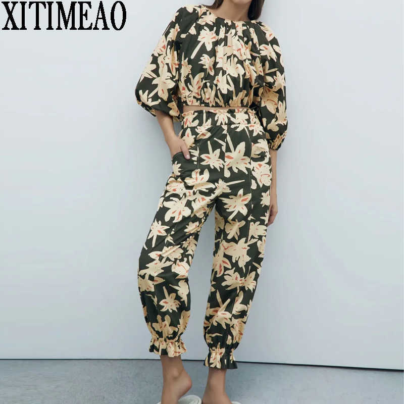 

ZA Women Fashion Floral Print Cropped Blouses Vintage O Neck Long Sleeve Female Shirts And High Waist Casual Pants 210604, Top