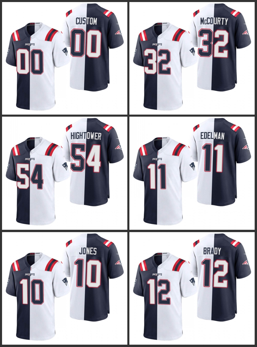 

Jersey New England''Patriots''Men #11 Julian Edelman 10 Mac Jones 54 Dont'a Hightower''NFL''Women Youth Custom Navy White Game Split