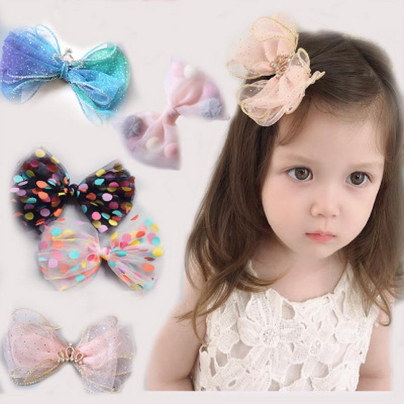 

Princess Cute Dots Crown Hair Clips Baby Girl Bow Net Yarn Hairpin Pompom Hairclip Kids Barrette Bobby Pins Children Accessory, Color 11