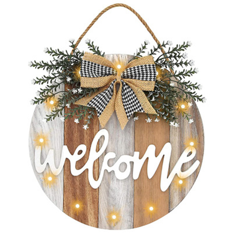 

Woodens Crafts Welcome Sign Front Door Decoration Rural Round Wooden LED Light Farmhouse Corridor Hanging Home W320