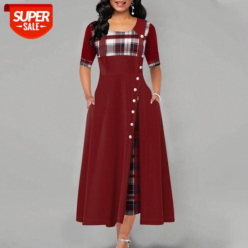 

Plus Size 5XL Plaid Women's Long Dress Half Sleeve Irregular Patchwork Female Dresses 2021 Spring Casual Vintage Lady Clothes #cZ8F, Black;gray