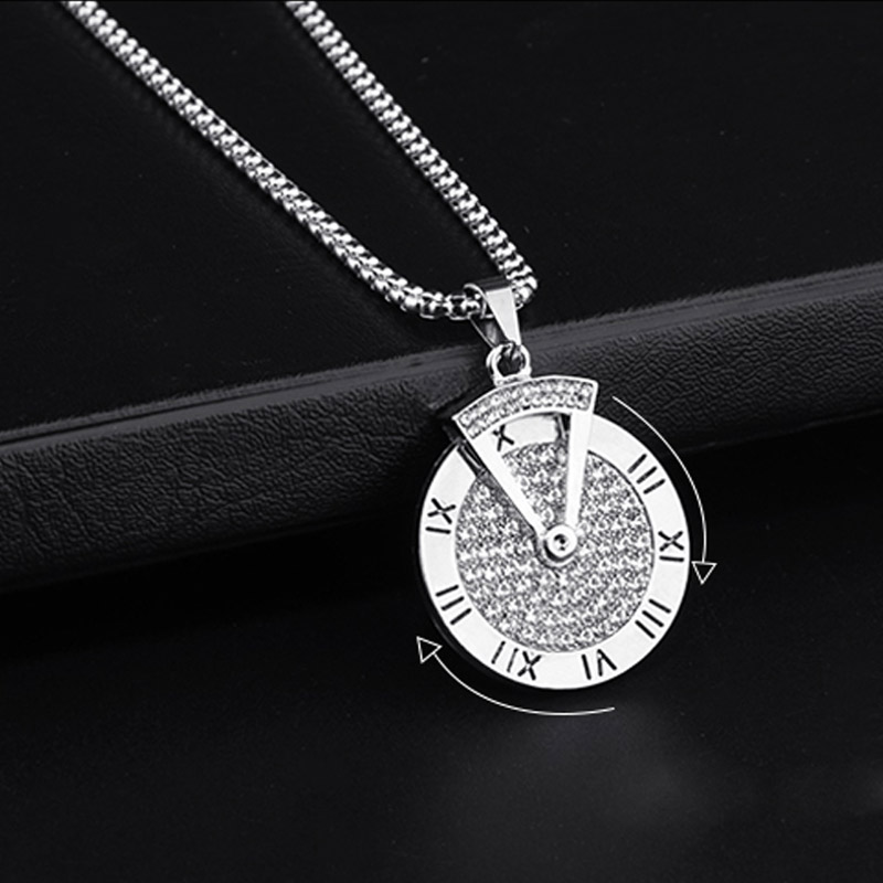 

Spinner Time Pendant Necklace Stainless Steel Zircon Women Mens Necklace Fashion Jewelry with Roman Numeral Luckey Pendant, Silver