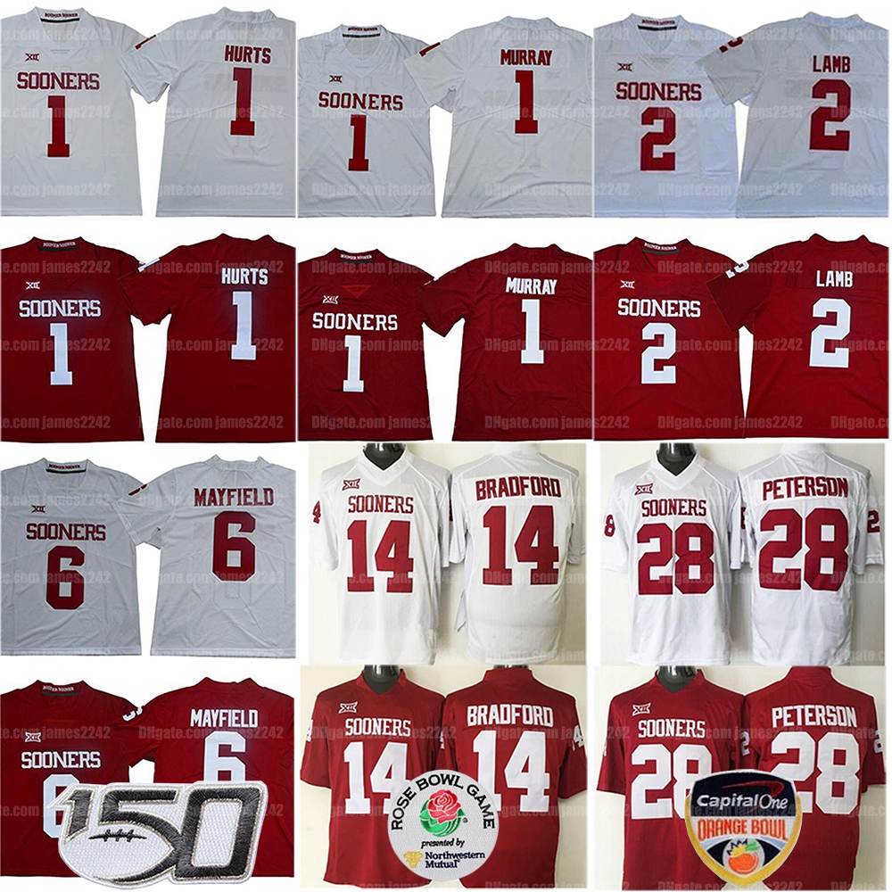 

NCAA Oklahoma Sooners College Football Jersey Jalen Hurts Kyler Murray CeeDee Lamb Baker Mayfield Adrian Peterson Sam Bradford Stitched White Red, As shown