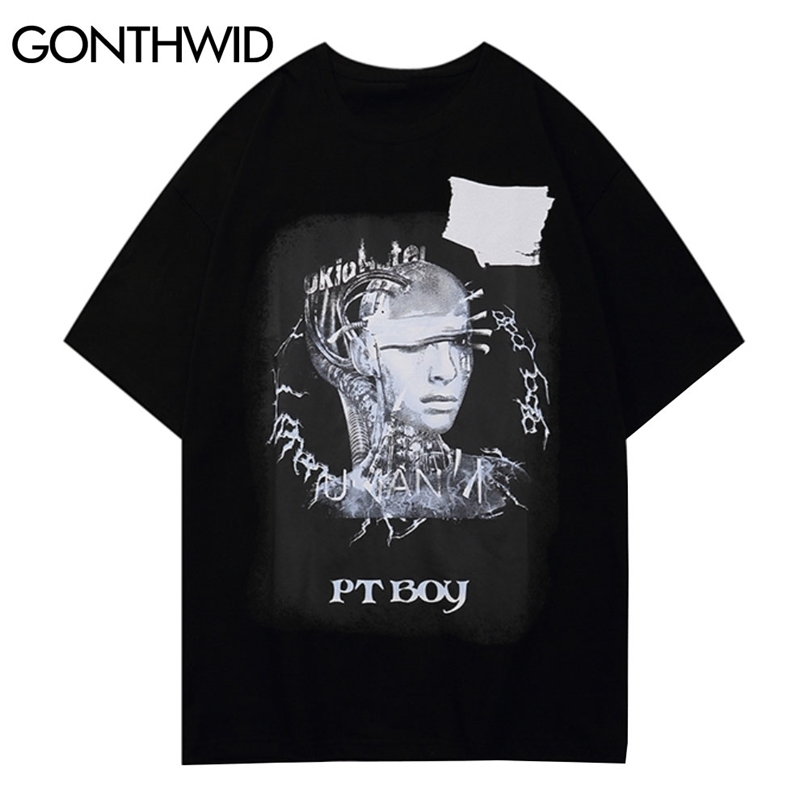 

T-Shirts Casual Harajuku Men Summer Robot Print Short Sleeve Tees Streetwear Hip Hop Fashion Loose Cotton Tshirts Tops 210602, Black