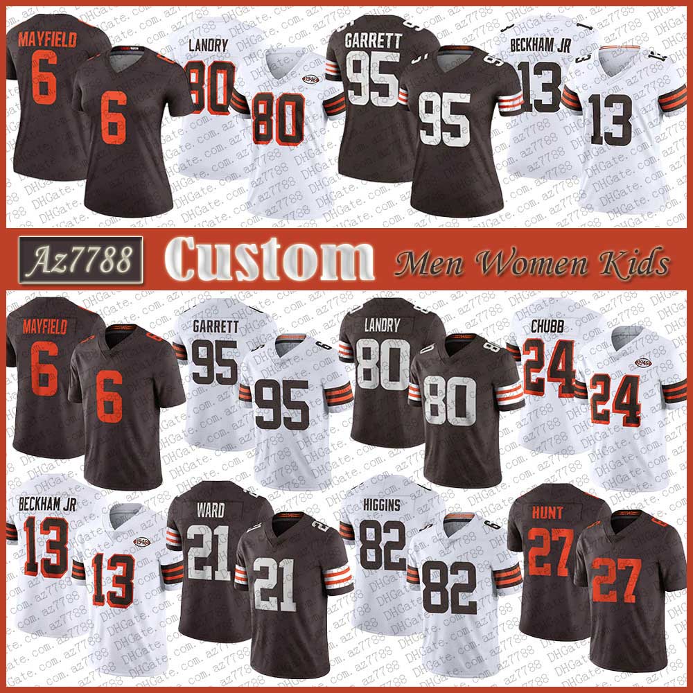 

6 Baker Mayfield 24 Nick Chubb Custom Men Women Kid CLE Football Jersey Brown 95 Myles Garrett 80 Jarvis Landry Kareem Hunt Denzel Ward Rashard Higgins Odell Beckham Jr, Shown