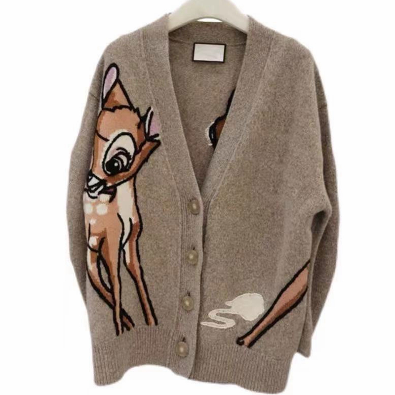 

Autumn New WomenS Cardigans Sweater Fashion Vintage Fawn Print V-Neck Long Sleeve Loose Knitwear Lazy Streetwear, Khaki