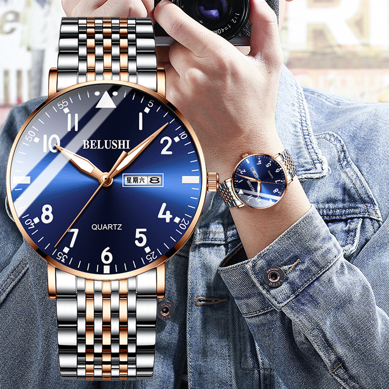 

BELUSHI Fashion New Mens Watches Top Luxury Brand Waterproof Quartz Watch Men Casual Stainless Steel Business Date Wrist Watchg, 8012 rose gold black