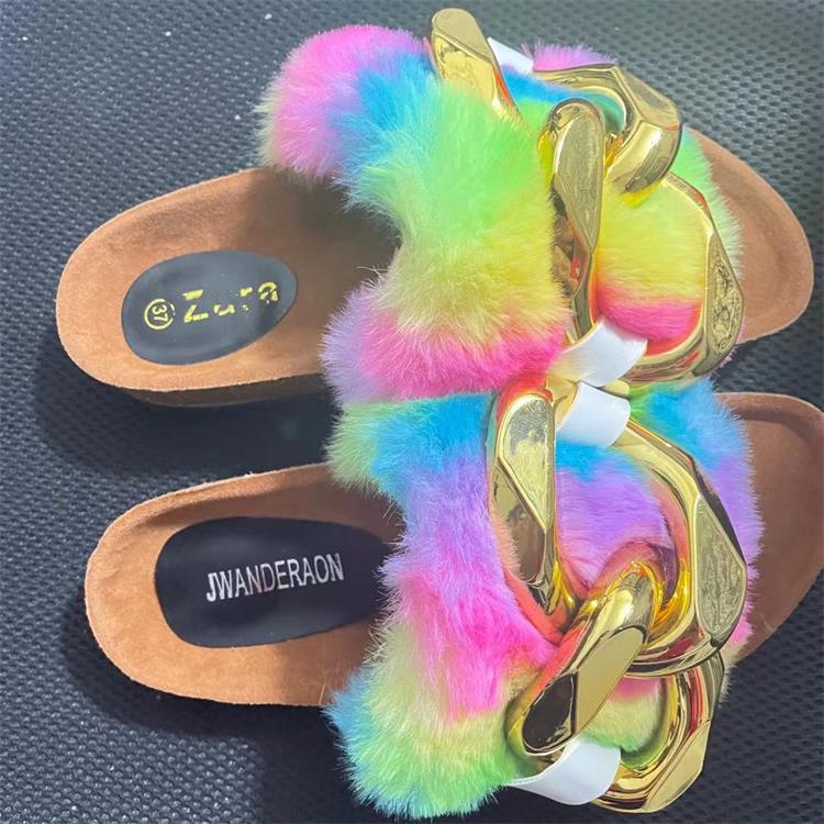 

Slippers Woman's Slipper Female Rainbow Wool Metal Buckle A Word Cool Outer Wear Flip Flop Platform Furry Slides, Black