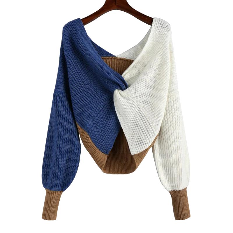

Women' Sweaters Autumn Sexy V-neck Open Crotch Back Color Matching Sweater Twisted Knitted Long-sleeved Loose Pullo