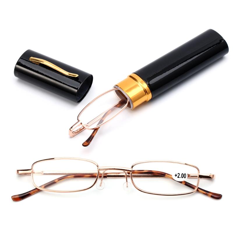

Sunglasses Unisex Reading Glasses With Pen Tube Case Portable Presbyopic Metal Spring Hinge Eyeglasses Vision Care +1.00~+4.00