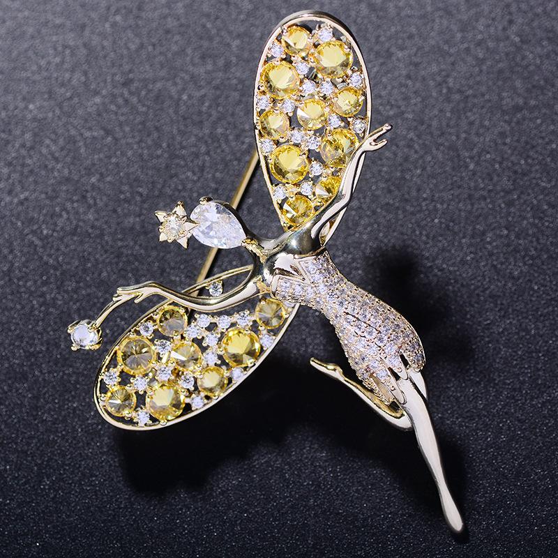 

Pins, Brooches Beautiful Dancer Girl Pins For Women Luxury Yellow Zircon Crystal Angel Brooch Jewelry Wedding Pin Brosche Femme Bijoux