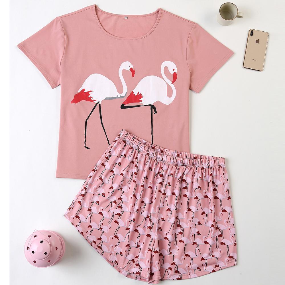 2021 New Summer Ladies&#039; Pyjamas T-shirt Shorts Sleep Sets Tops Jams Bathrobe Large Size Pink Crane Home Suit Women Female Night Wear Z7dl-image-660902404