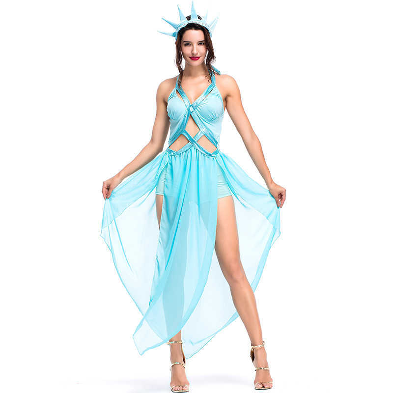 

New Party Costume Lake Blue Hollow-out Statue of Liberty Cosplay Stage Show Performance Gown Y0913