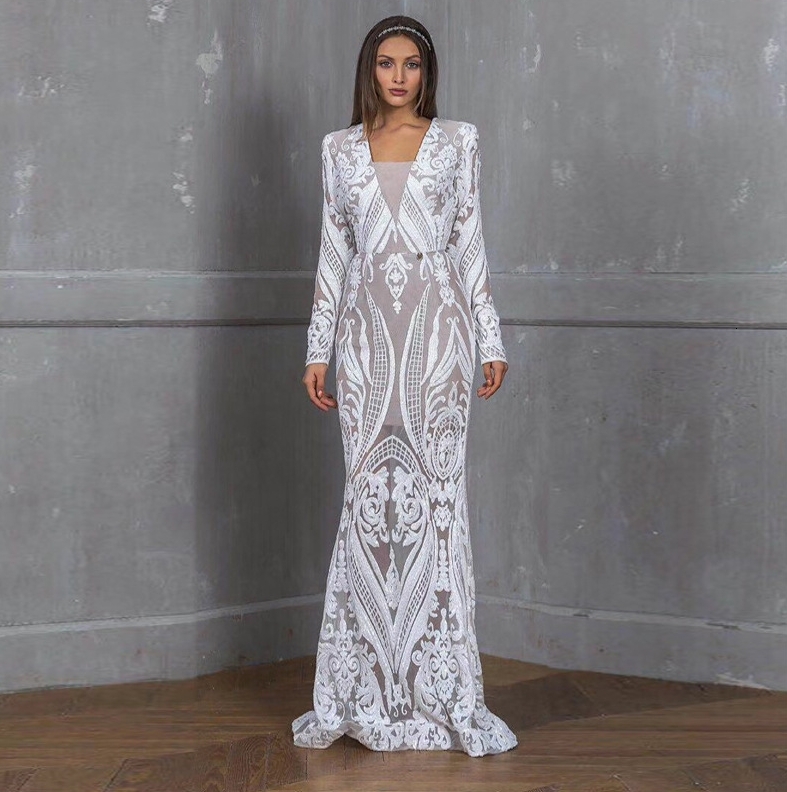 

2021 New Vintage Lace Mermaid Wedding Turkey Vestido De Novia Embroidery Sheer Bridal Gowns Robe Mariee Gelinlik Casamento N40h, White