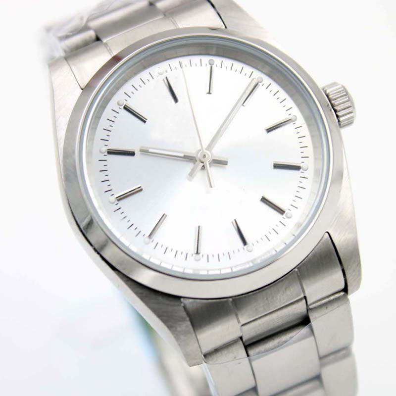 

Luminous 36MM White Dial No Date Air Mens Watches Automatic Hardlex Index Hour Markers Fixed Smooth Stainless Steel Bezel Watch Wristwatches