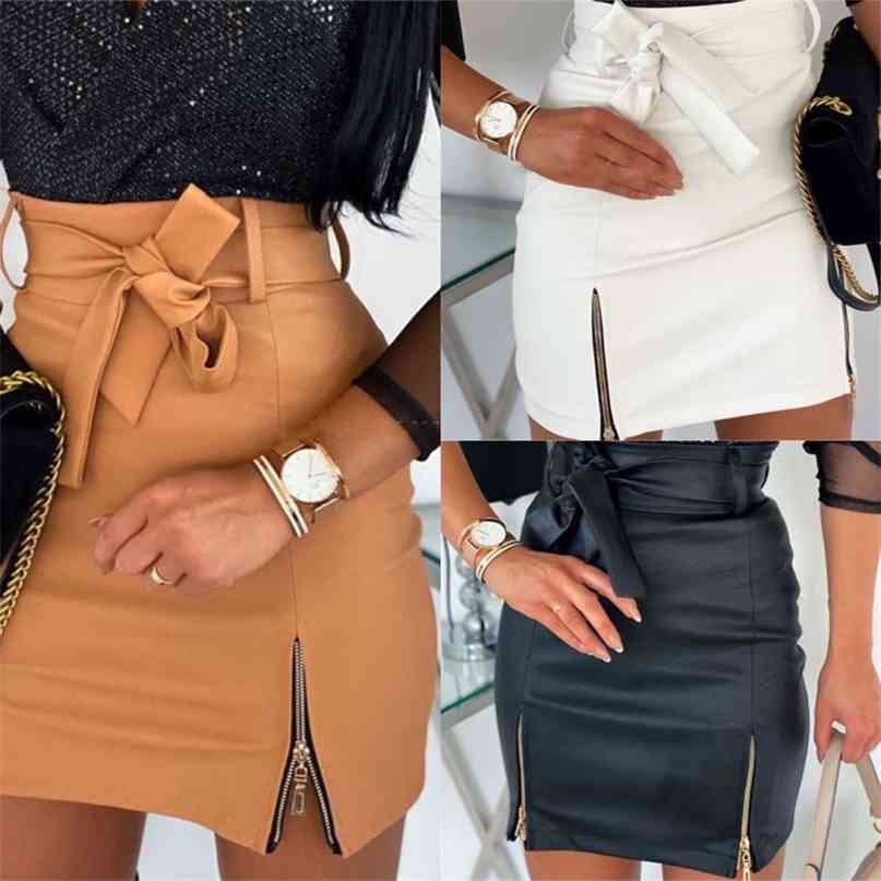 

Fashion Sexy High Waist PU Leather Women Elegant Skirts Sashes Zipper Pencil Mini Length Spring Autumn Winter White Black Khaki 210607