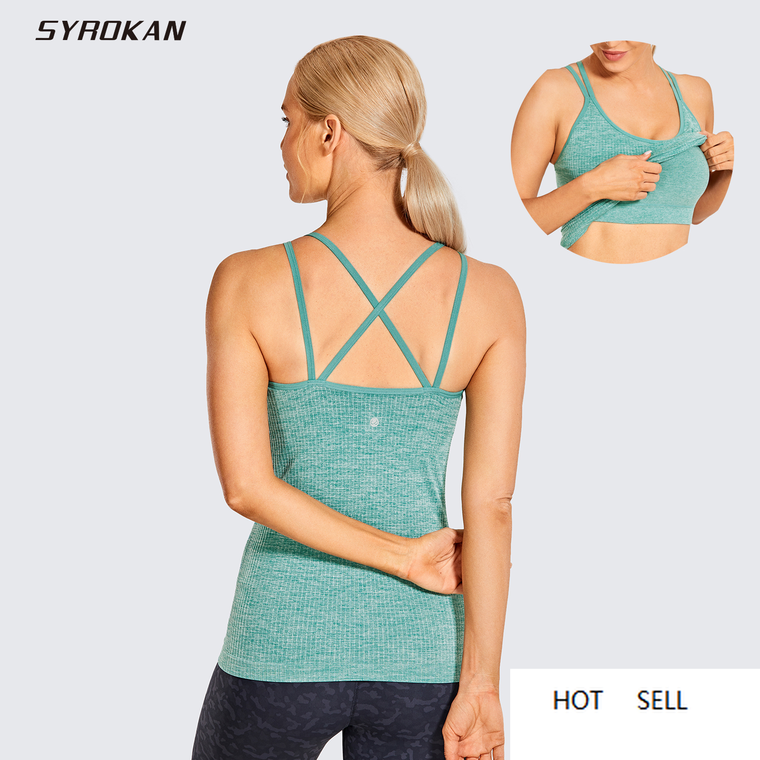 

Women's Seamless Built-in Bra Tank Tops Strappy Back Activewear Workout Compression, R022-1 black