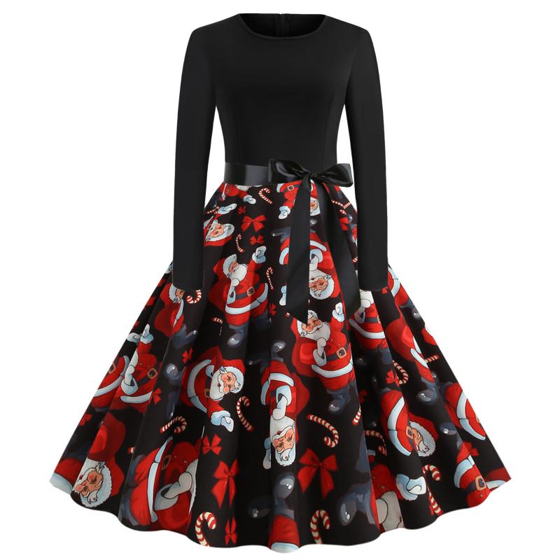 

Casual Dresses Vintage Christmas Dress Black Big Swing Women Winter Long Sleeve Robe Sexy Year Party Plus Size D5