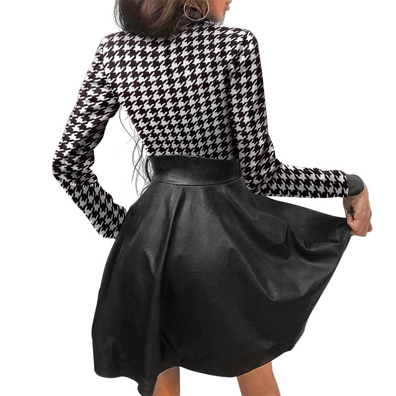 

2021 New Houndstooth Leather Mini Women Fashion Stand Collar Long Sleeve Plus Size Elegant Ladies Party Es Sexy Bodycon Zrqk, Black lace