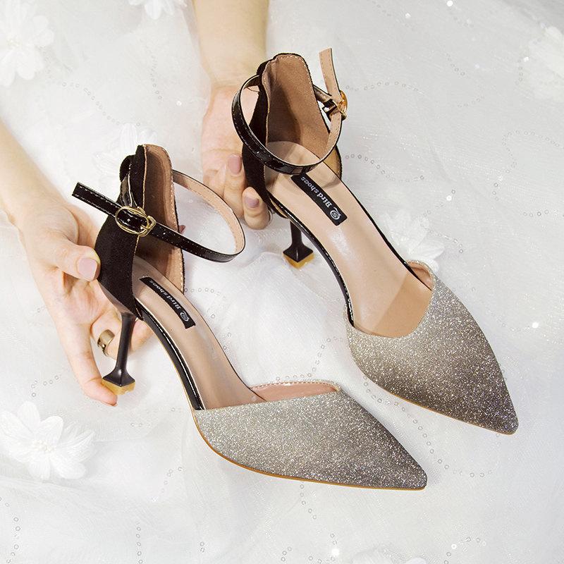 

All-Match 2021 Sandals Black Shoes for Women Buckle Strap Summer Heels New Beige Stiletto Fashion Girls Comfort Clear High Pumps