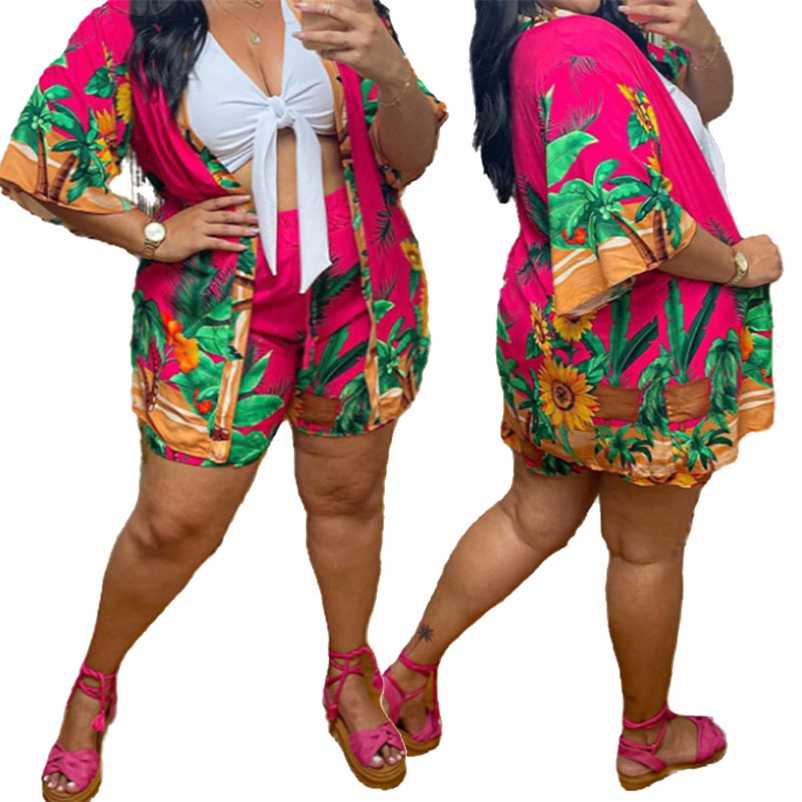 

Summer Womens Shorts and Top Set White Vest Loose Coat Hawaii 3 Piece Loungewear Sweat Suit Plus Size Wholesale Drop 211102, Red