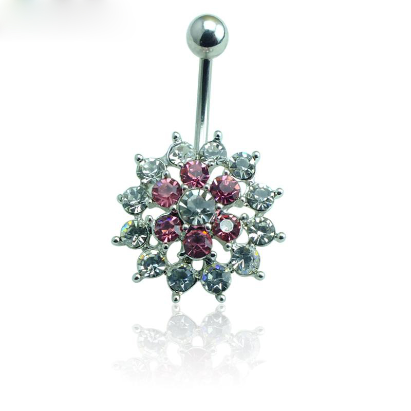 

High Quality Fashion Silver Surgical Steel Pink Rhinestone Flower Navel Piecing Ring For Women Body Jewelry