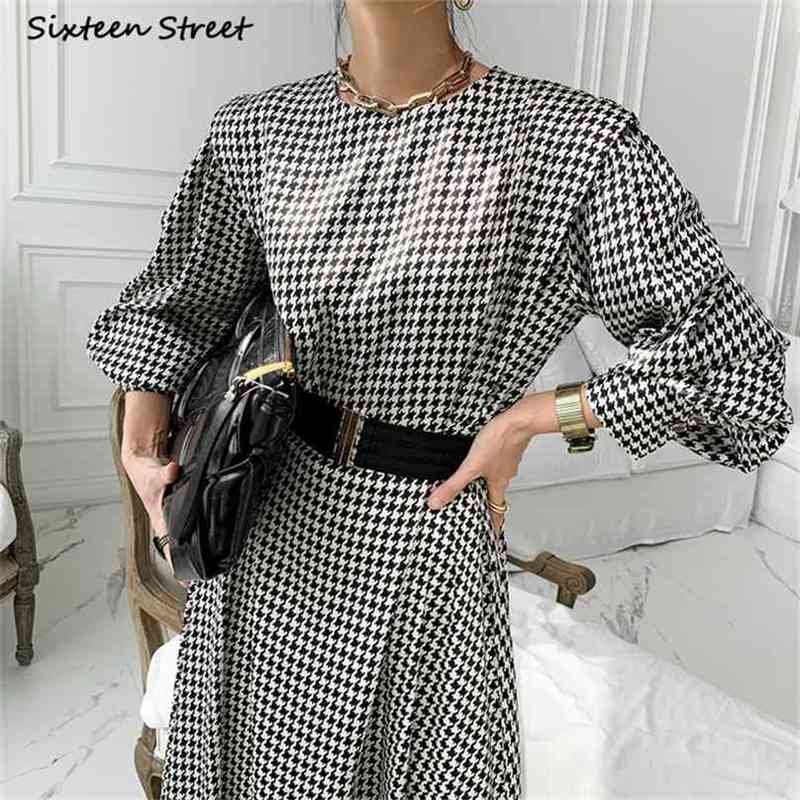 

Chic Plaid Dress Woman with Belt O-neck High Waist Vestido Long Sleeve Elegant Spring OL Business es 210603, Maroon