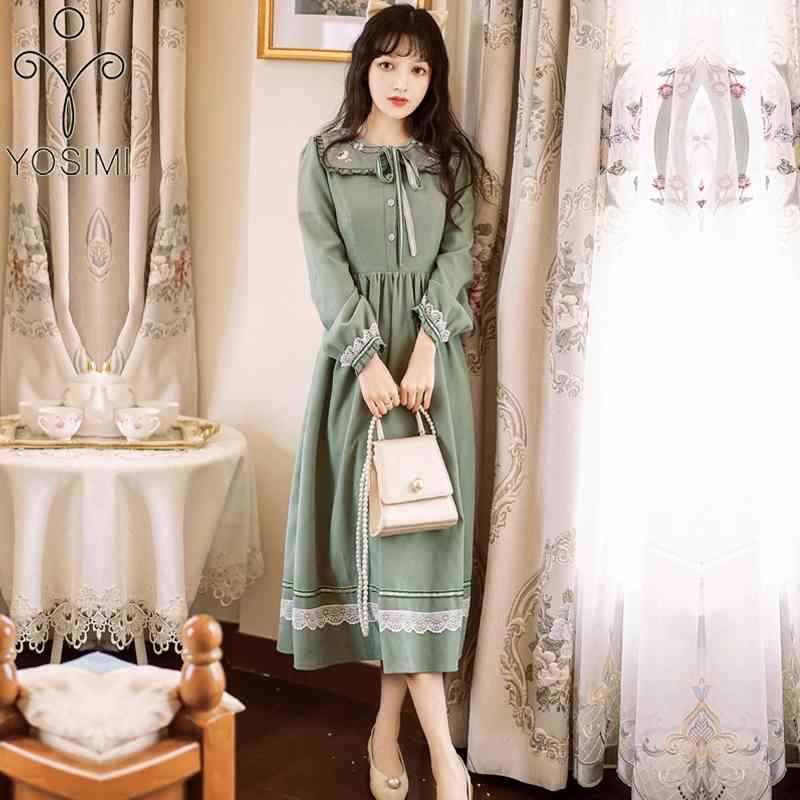 

YOSIMI Green Long Women Dress Winter Vintage Lace Floral Embroidery Full Sleeve Mid-calf Preppy Style Elegant 210604