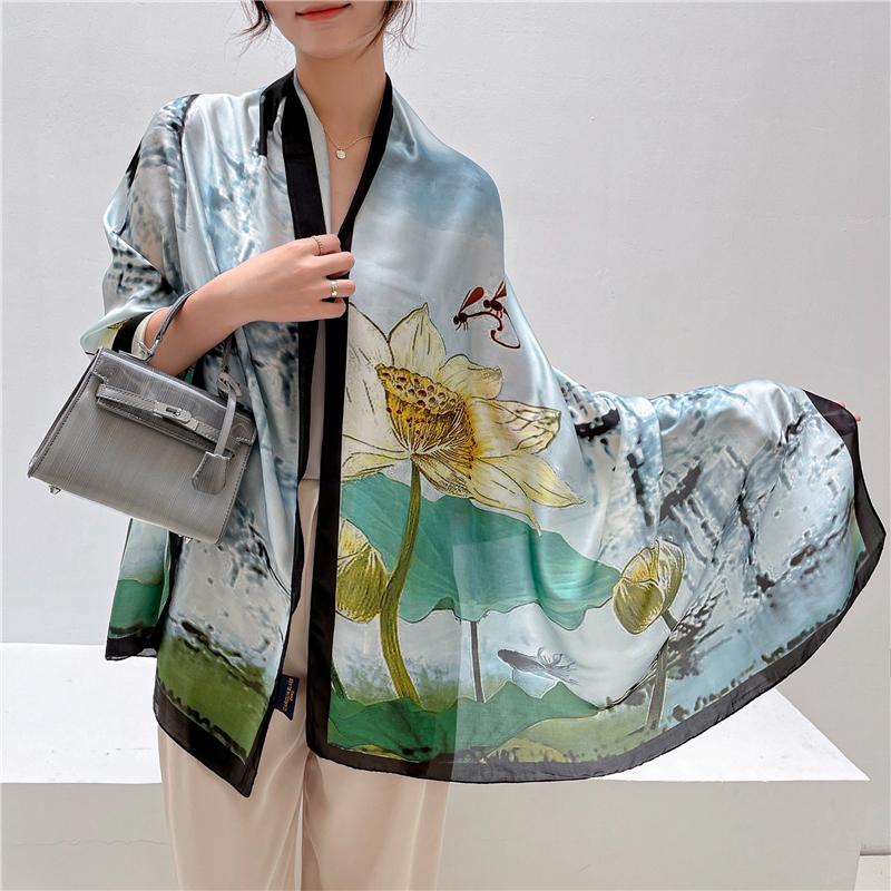 

Berets Floral Silk Scarf Women Hijab Beach Stoles Lady Travel Fashion Shawls And Wraps Foulard Female Bufanda 2021, Blue;gray