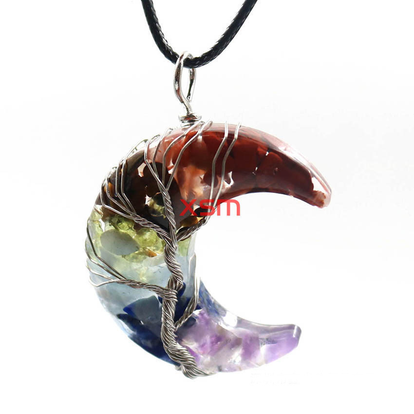Tree of Life Wire Wrapped Crescent Moon Pendant Necklace Natural Resin Healing Crystal Stone Necklaces Reiki Quartz Gemstone Spiritual Jewelry fo-image-728771675