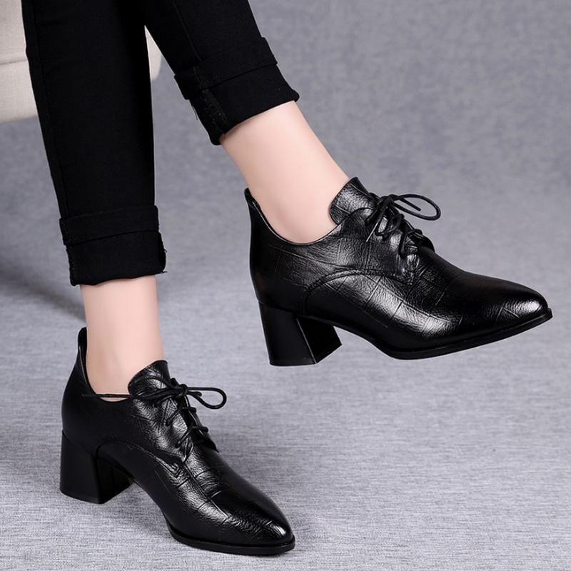 

Dress Shoes Mid Heels Autumn Woman Work SOFT PU LEATHER Women Pumps Thick Heel Pointed Toe Female Footware Lace-up Black