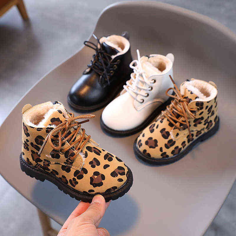 

Children Leopard Leather Shoes Autumn Winter Kids Boy Girls Shoes with Velvet Casual Cute Platform Snow Boots E08214 211108, White