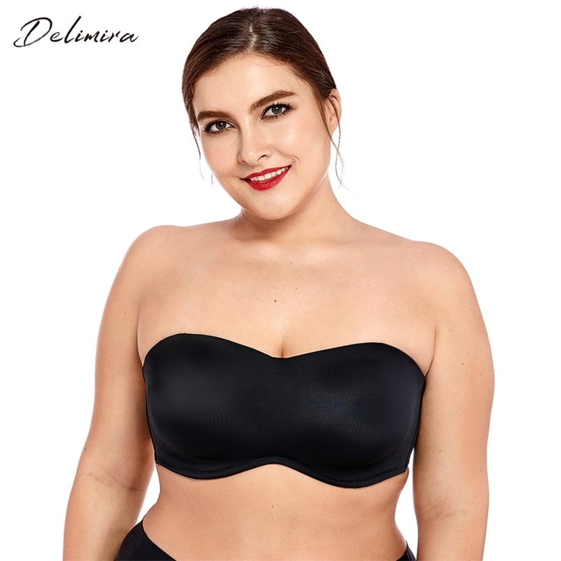 

Delimira Women's Full Coverage Smooth Seamless Invisible Underwire Minimizer Strapless Bra Plus Size 211110, Black01